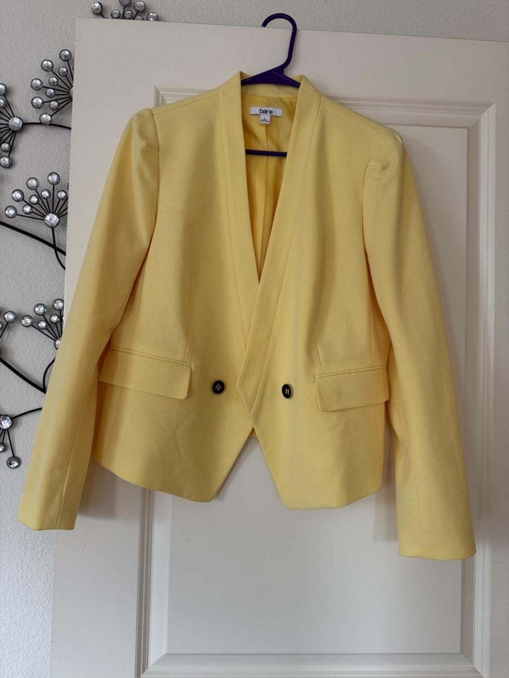 Bar III Light Yellow Collarless Open Front Blazer with Decorative Buttons